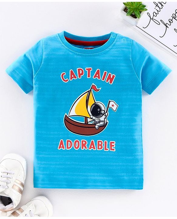 Babyhug Half Sleeves Biowashed Tee Boat Print - Blue