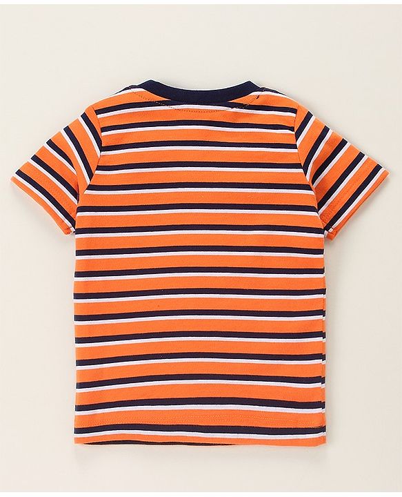 Babyhug Half Sleeves Biowashed Striped Tee Football Print - Orange