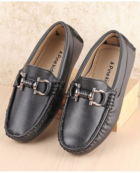 Pine Kids Round Toe Solid Party Wear Loafers with Cushioned Footbed - Black