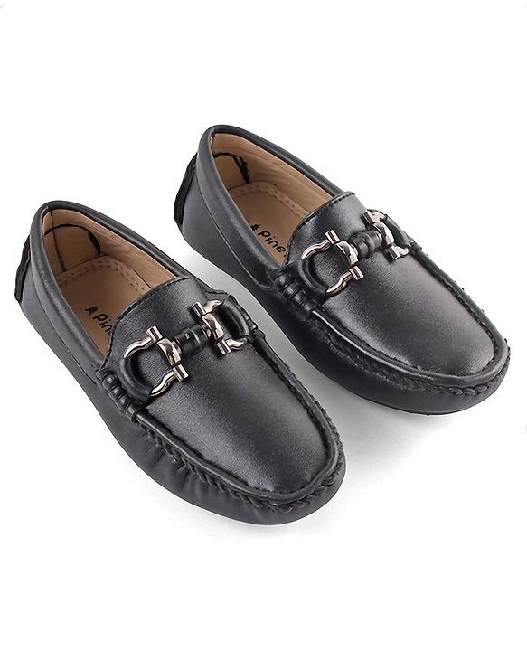 Pine Kids Round Toe Solid Party Wear Loafers with Cushioned Footbed - Black