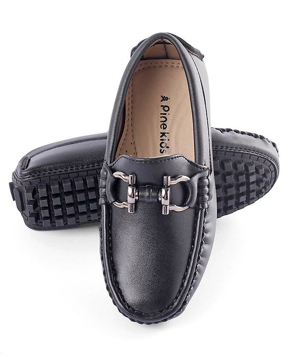 Pine Kids Round Toe Solid Party Wear Loafers with Cushioned Footbed - Black