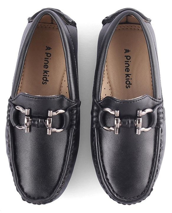 Pine Kids Round Toe Solid Party Wear Loafers with Cushioned Footbed - Black