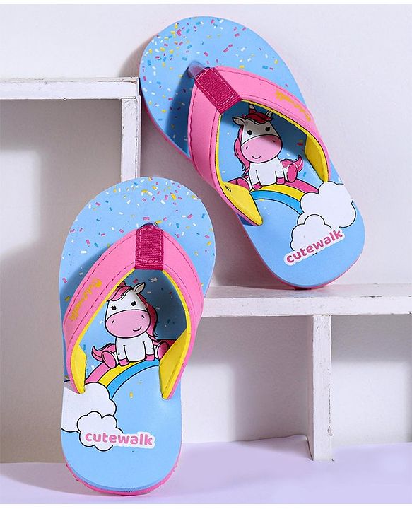 Cute Walk by Babyhug Flip Flops Unicorn Print - Blue