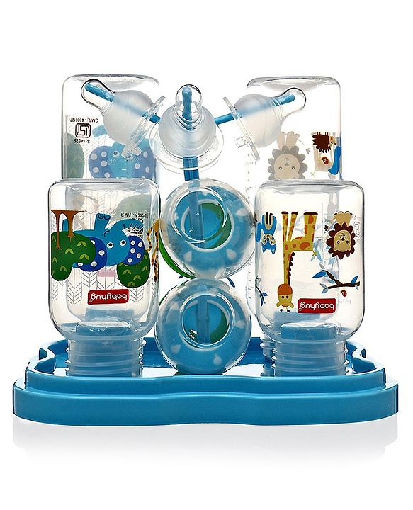 Babyhug Feeding Bottle Pack of 4 With Drying Rack Blue - 2 x 125 ml, 2 x 250 ml
