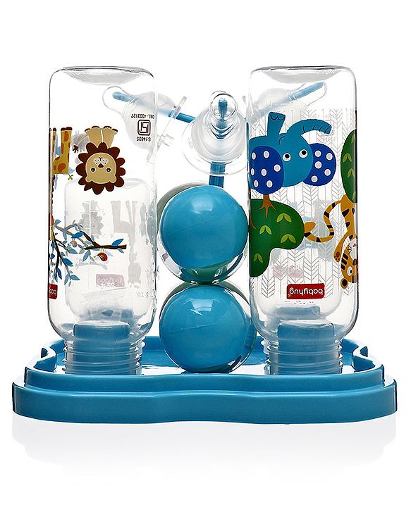 Babyhug Feeding Bottle Pack of 4 With Drying Rack Blue - 2 x 125 ml, 2 x 250 ml
