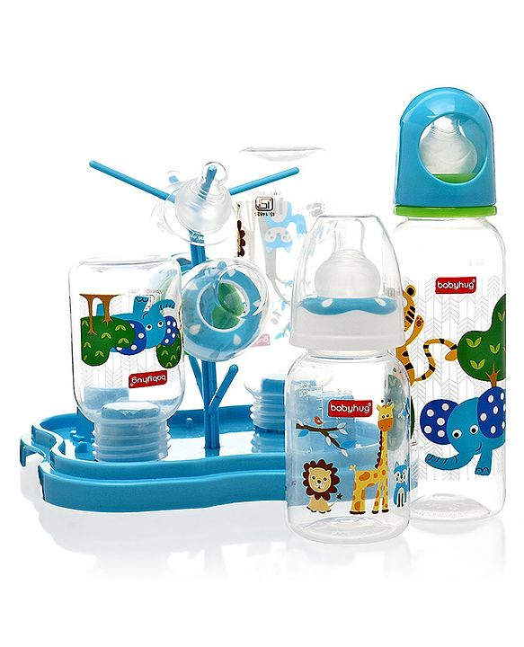 Babyhug Feeding Bottle Pack of 4 With Drying Rack Blue - 2 x 125 ml, 2 x 250 ml