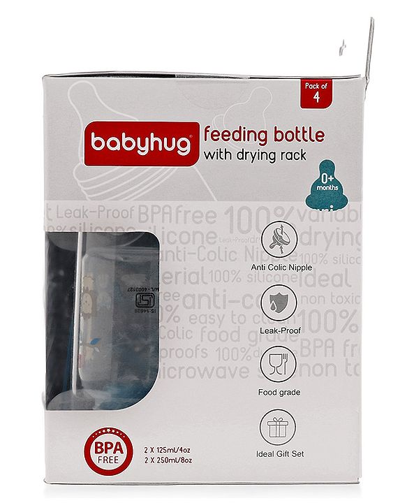 Babyhug Feeding Bottle Pack of 4 With Drying Rack Blue - 2 x 125 ml, 2 x 250 ml