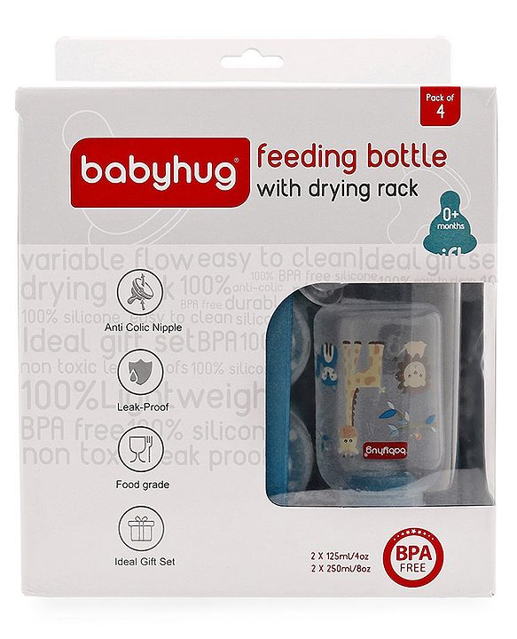 Babyhug Feeding Bottle Pack of 4 With Drying Rack Blue - 2 x 125 ml, 2 x 250 ml