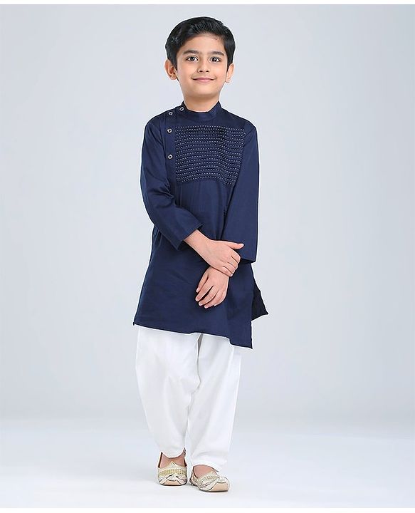 Babyhug Full Sleeves Woven Asymmetrical Kurta & Pajama Set - Navy & White