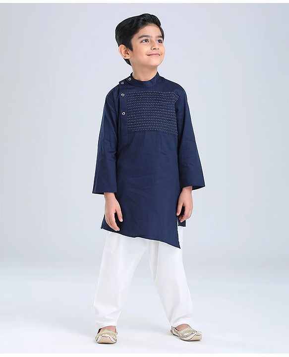 Babyhug Full Sleeves Woven Asymmetrical Kurta & Pajama Set - Navy & White
