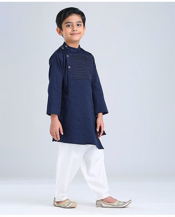 Babyhug Full Sleeves Woven Asymmetrical Kurta & Pajama Set - Navy & White