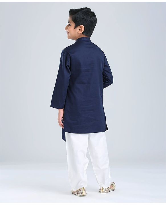 Babyhug Full Sleeves Woven Asymmetrical Kurta & Pajama Set - Navy & White