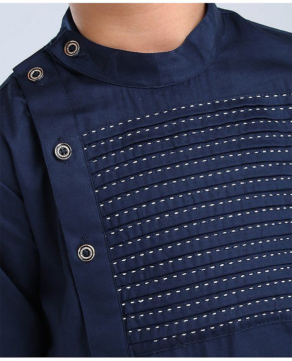 Babyhug Full Sleeves Woven Asymmetrical Kurta & Pajama Set - Navy & White