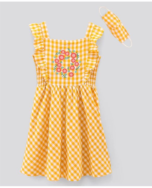Pine Kids Sleeveless 100% Cotton Yarn Dyed Checks Frock With Mask Floral Embroidery - Yellow White
