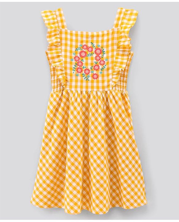 Pine Kids Sleeveless 100% Cotton Yarn Dyed Checks Frock With Mask Floral Embroidery - Yellow White