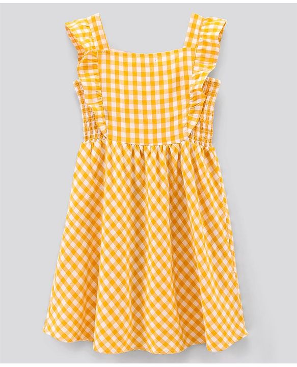Pine Kids Sleeveless 100% Cotton Yarn Dyed Checks Frock With Mask Floral Embroidery - Yellow White
