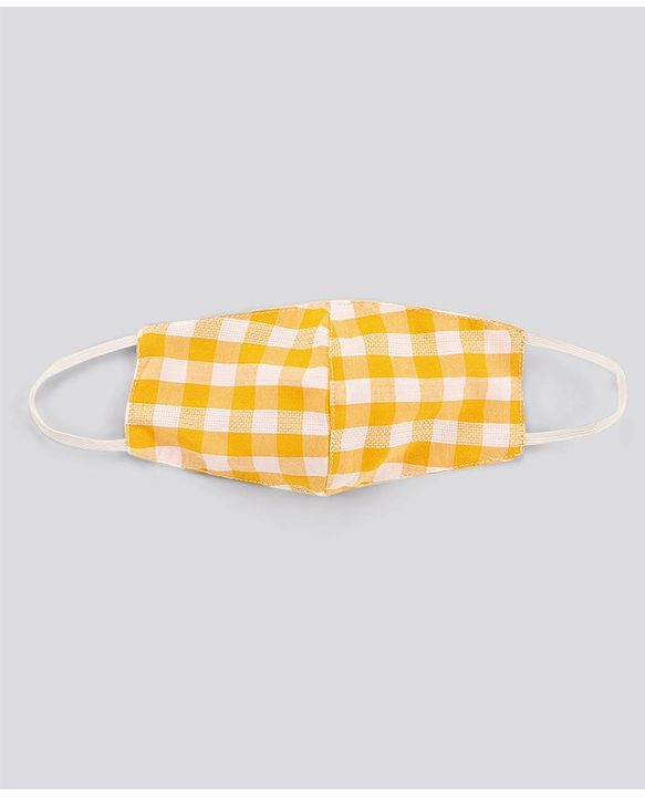 Pine Kids Sleeveless 100% Cotton Yarn Dyed Checks Frock With Mask Floral Embroidery - Yellow White