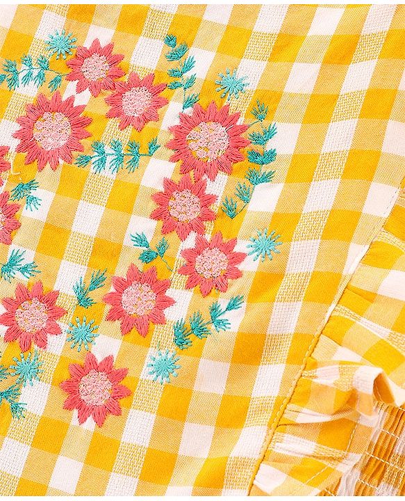 Pine Kids Sleeveless 100% Cotton Yarn Dyed Checks Frock With Mask Floral Embroidery - Yellow White