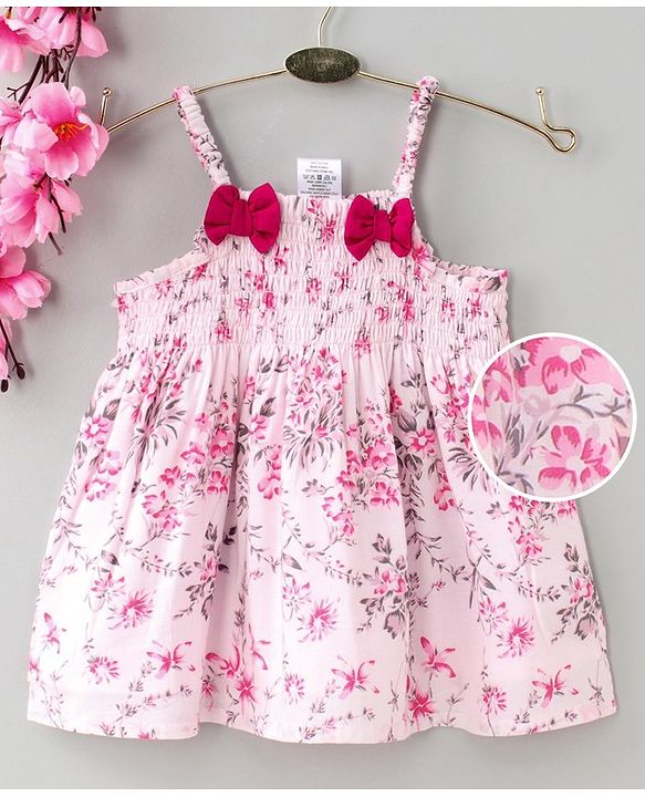 Babyhug Singlet Printed Top with Smocking & Bow - White