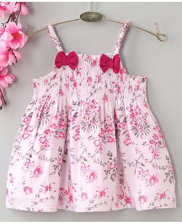 Babyhug Singlet Printed Top with Smocking & Bow - White