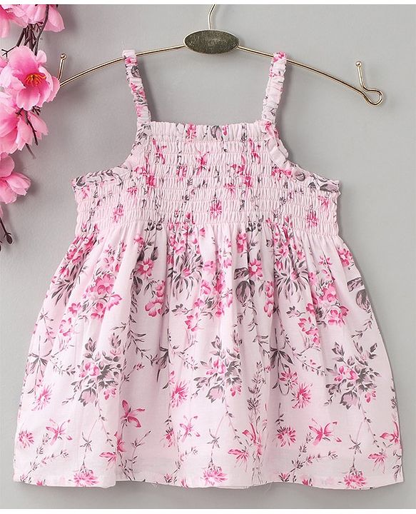 Babyhug Singlet Printed Top with Smocking & Bow - White