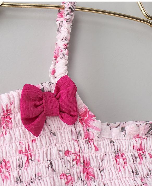 Babyhug Singlet Printed Top with Smocking & Bow - White