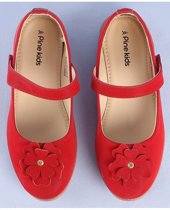 Pine Kids Belly Shoes Floral Applique - Red
