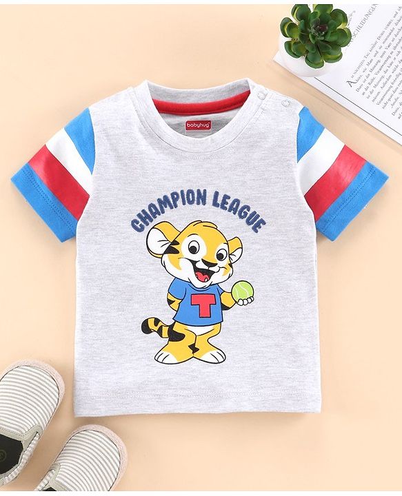 Babyhug Half Sleeves Biowashed Tee Champion League Print - Light Grey