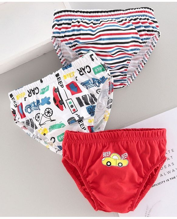 Babyhug 100% Cotton Brief Car Print Pack of 3 - Red White