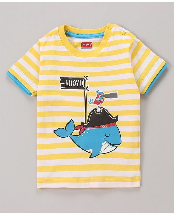 Babyhug Half Sleeves Bio Wash Striped Tee Whale Print - Yellow