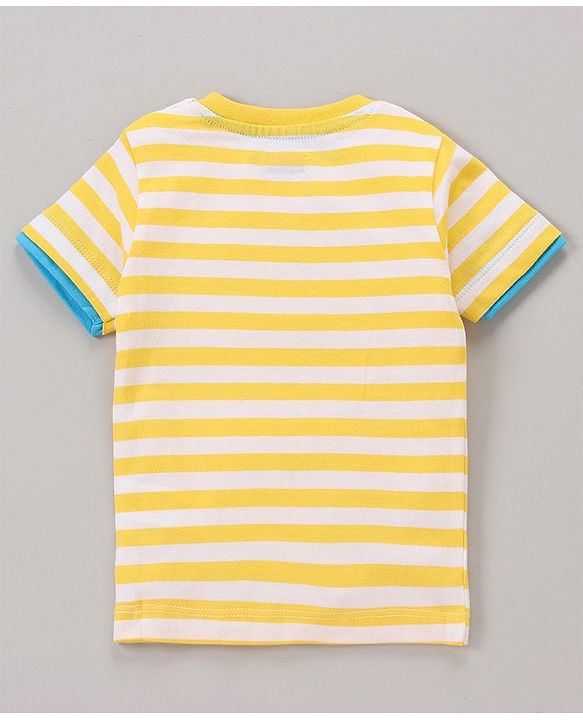 Babyhug Half Sleeves Bio Wash Striped Tee Whale Print - Yellow