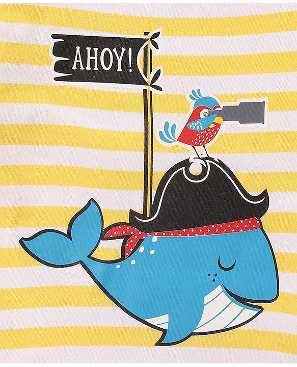 Babyhug Half Sleeves Bio Wash Striped Tee Whale Print - Yellow