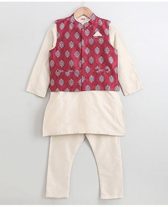 Babyhug Full Sleeves Kurta Payjama Set Witb Waistcoat - Maroon White