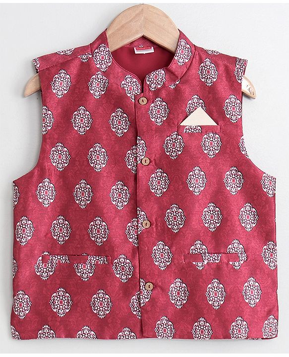 Babyhug Full Sleeves Kurta Payjama Set Witb Waistcoat - Maroon White