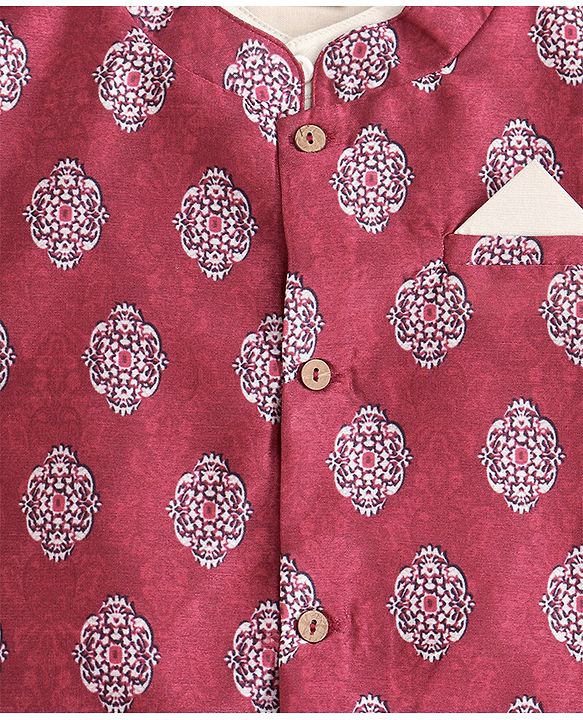 Babyhug Full Sleeves Kurta Payjama Set Witb Waistcoat - Maroon White