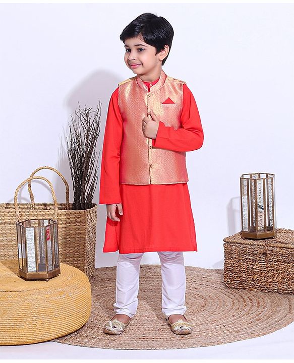Babyhug Full Sleeves Kurta Payjama Set Witb Waistcoat - Red Golden