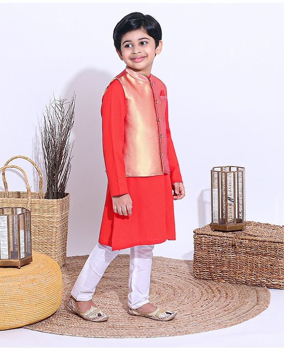 Babyhug Full Sleeves Kurta Payjama Set Witb Waistcoat - Red Golden