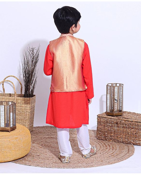 Babyhug Full Sleeves Kurta Payjama Set Witb Waistcoat - Red Golden