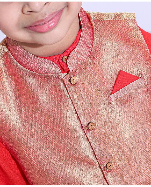 Babyhug Full Sleeves Kurta Payjama Set Witb Waistcoat - Red Golden