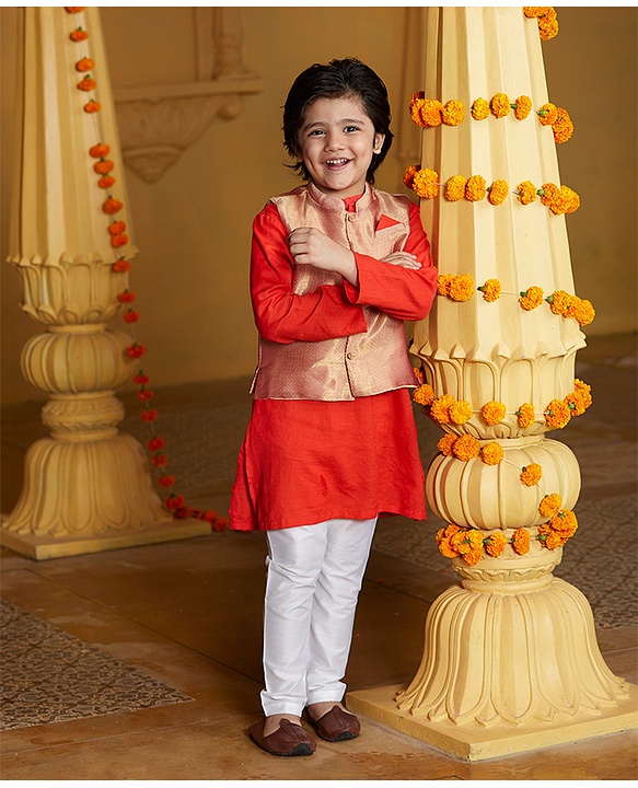 Babyhug Full Sleeves Kurta Payjama Set Witb Waistcoat - Red Golden