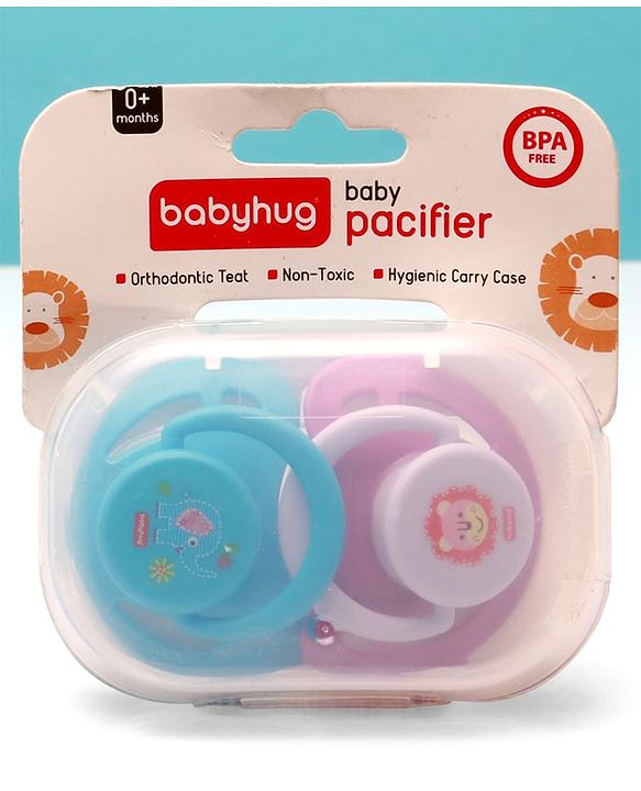 Babyhug BPA Free Pacifiers in PP Case with Animal Print Pack of 2 - Blue & Purple