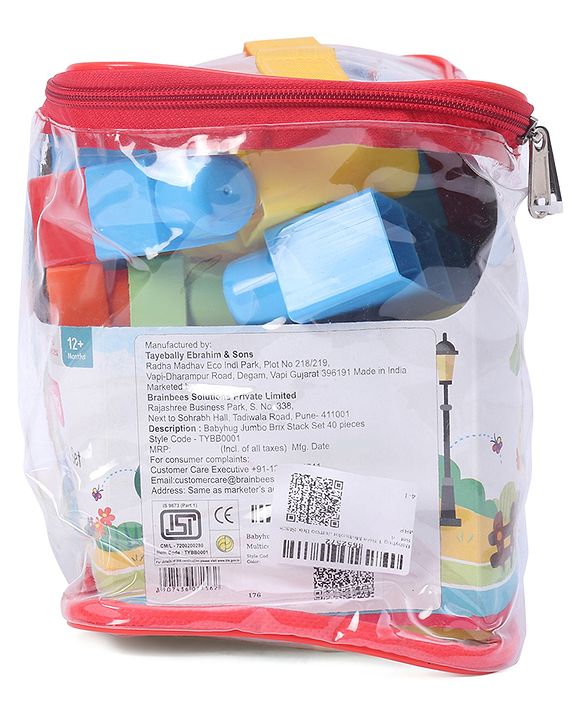 Babyhug Premium 40 Pcs Mega Size First Builders Toddler Blocks| Building and Construction Interlocking Jumbo Blocks with Big Building Storage Bag| Educational and Learning Toy for Pre-School Children| BIS Certified| Non-Toxic