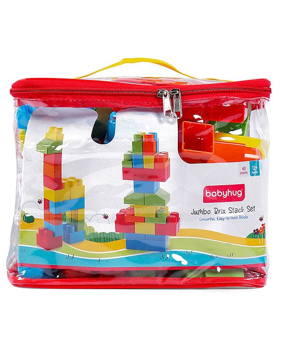 Babyhug Premium 40 Pcs Mega Size First Builders Toddler Blocks| Building and Construction Interlocking Jumbo Blocks with Big Building Storage Bag| Educational and Learning Toy for Pre-School Children| BIS Certified| Non-Toxic