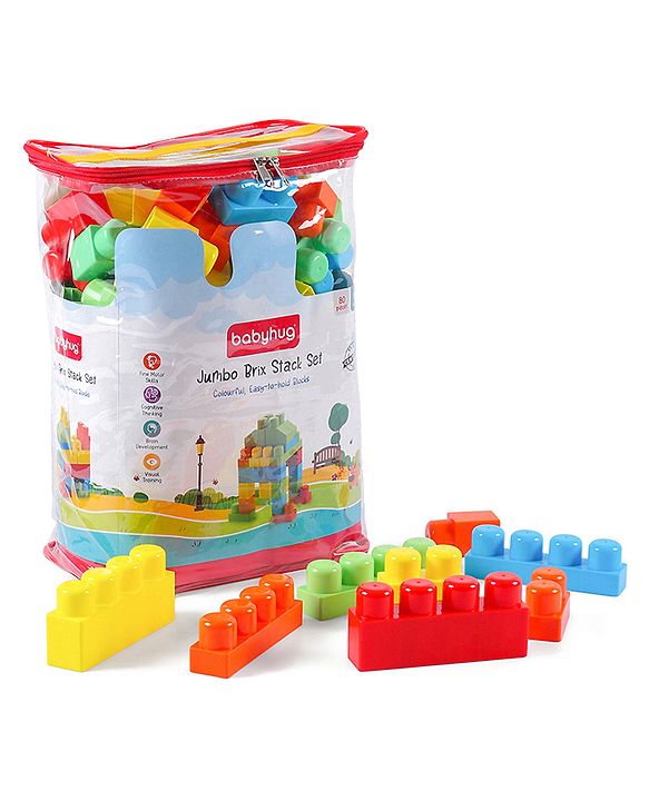 Babyhug Premium 40 Pcs Mega Size First Builders Toddler Blocks| Building and Construction Interlocking Jumbo Blocks with Big Building Storage Bag| Educational and Learning Toy for Pre-School Children| BIS Certified| Non-Toxic