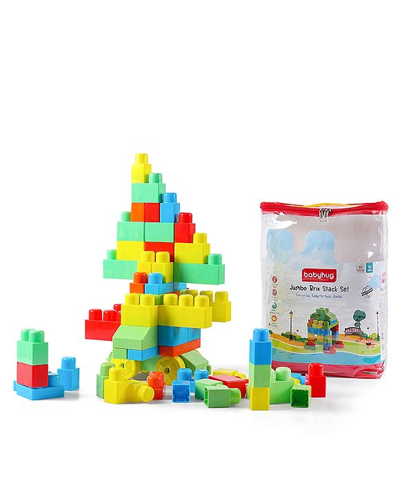 Babyhug Premium 40 Pcs Mega Size First Builders Toddler Blocks| Building and Construction Interlocking Jumbo Blocks with Big Building Storage Bag| Educational and Learning Toy for Pre-School Children| BIS Certified| Non-Toxic