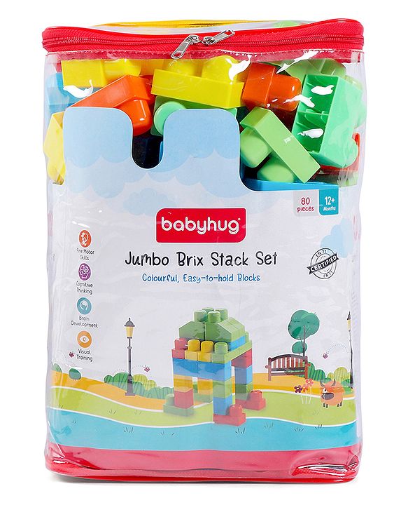 Babyhug Premium 40 Pcs Mega Size First Builders Toddler Blocks| Building and Construction Interlocking Jumbo Blocks with Big Building Storage Bag| Educational and Learning Toy for Pre-School Children| BIS Certified| Non-Toxic
