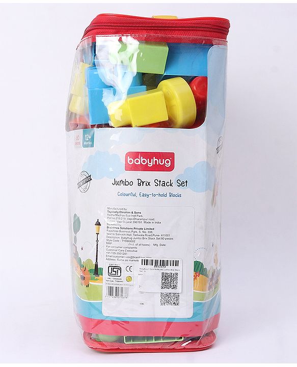 Babyhug Premium 40 Pcs Mega Size First Builders Toddler Blocks| Building and Construction Interlocking Jumbo Blocks with Big Building Storage Bag| Educational and Learning Toy for Pre-School Children| BIS Certified| Non-Toxic