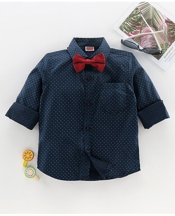 Babyhug Full Sleeves Party Shirt with Bow - Navy Blue
