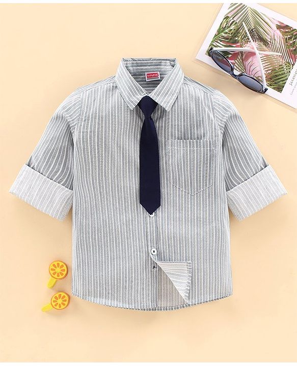 Babyhug Full Sleeves Party Shirt with Tie - Grey