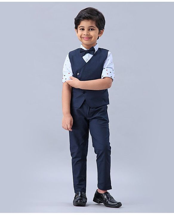 Babyhug 3 Piece Party Suit with Bow - White Navy